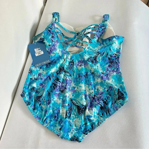 Great Lengths Full Coverage One Piece Swimsuit Size 24 Blue Multi Tummy Control - Picture 2 of 13